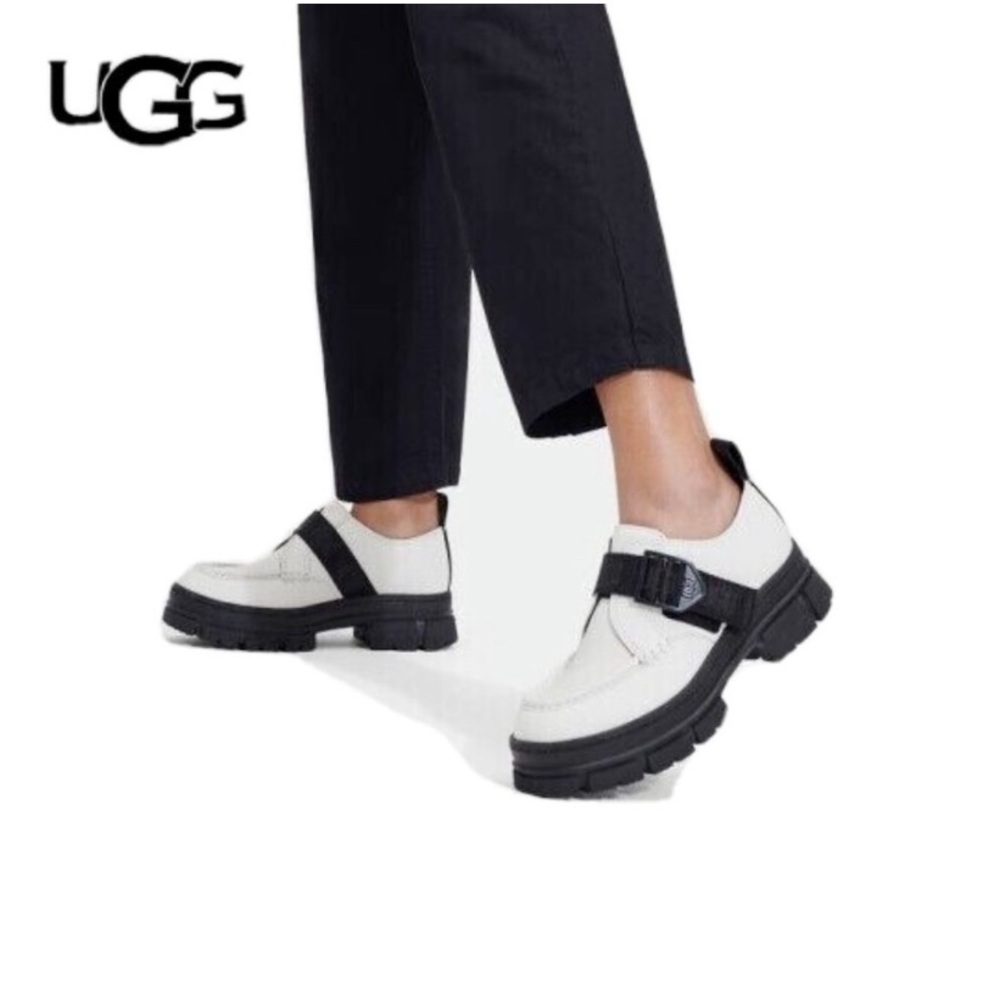 UGG Ashton Platform Strap Loafers white Leather Chunky Lug Sole Women’s 7 NEW